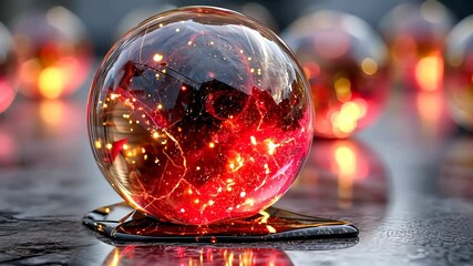 Poster - Glowing molten red energy sphere melting on surface, surrounded by soft reflections and bokeh lights, vibrant abstract energy