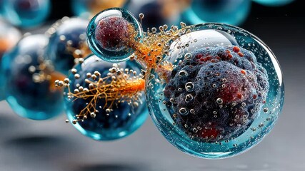 Poster - Microscopic view of blue molecular structures with golden filaments inside transparent glass bubbles, hyperrealistic texture
