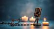 © beehu - Two podcast microphones wrapped tightly in metal chains, one in top left, one in bottom right, blue background, bold text 'World Press Freedom Day' in center, cinematic, realistic, symbolic.