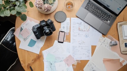 Poster - Influencer marketing plan document alongside camera, phone tripod, and content planning sheets