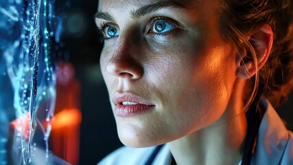 Poster - Female scientist interacting with futuristic blue digital neural interface screen