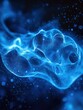 © Denis - Microscopic image of a glowing blue cell with intricate internal structures and a nucleus, set against a starry night space backdrop. Illustrates the beauty and complexity of microscopic life forms.