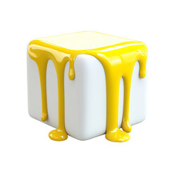 Leinwandbilder - Glossy cube with viscous yellow liquid drips, rendering of abstract isolated object, modern