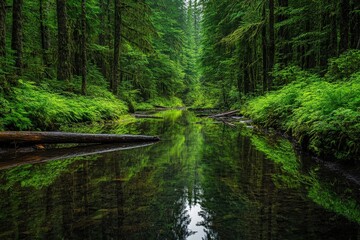  Serene creek winding through dense tropical jungle greenery