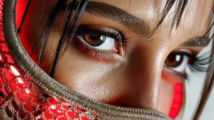 Poster - Extreme close-up of a woman eye wearing a glowing red LED mesh therapy mask for advanced skincare and beauty