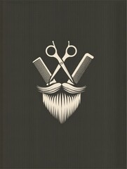 Poster - Stylized Beard Logo Featuring Crossed Scissors and Comb on a Minimal Flat Dark Background for Grooming and Barbershop Branding