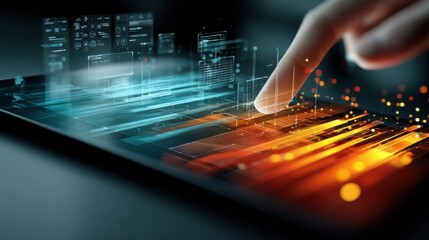 Fototapete - Floating UI Elements Appear on a Touchscreen Device as a Finger Interacts With Glowing Digital Graphics in a Modern Setting