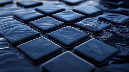 Poster - Dark Blue Square Tiles Floating on Water Abstract Background Modern Design Digital Art Graphic Resource Elegant Deep Blue Tones Smooth Surface Water  