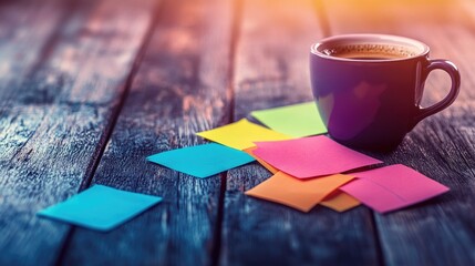 Poster - Startup workspace with laptop, coffee cup, and brainstorming notes scattered across a wooden desk
