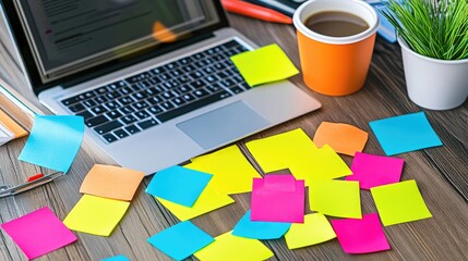 Poster - Startup workspace with laptop, coffee cup, and brainstorming notes scattered across a wooden desk