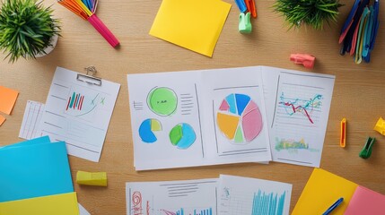 Poster - Strategic planning documents on wooden table with pie charts, graphs, and mind maps