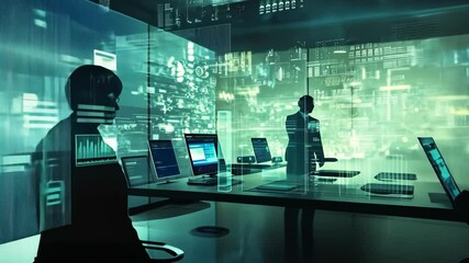 Poster - Futuristic office with holographic interfaces and digital collaboration