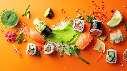 Poster - Artistic sushi layout with neon green sauce on bright orange backdrop