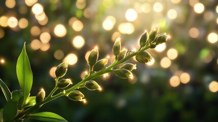 Poster - Botanical close-up showing buds on green stem, softly glowing bokeh lights behind