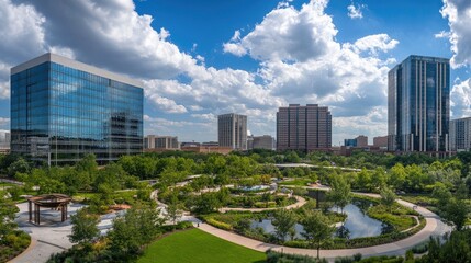 Poster - Wide-angle view of corporate complex with multiple modern office buildings and green spaces