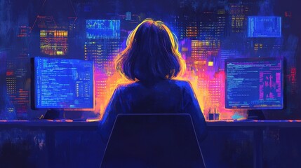 Leinwandbilder - A digital  engrossed in nocturnal programming.