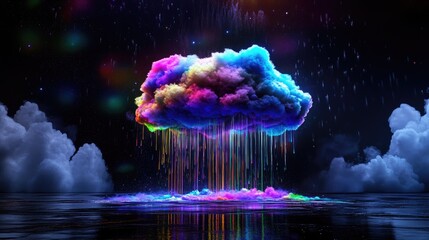 Poster - Cloud with colorful rain falling onto a glowing space scene, abstract illustration