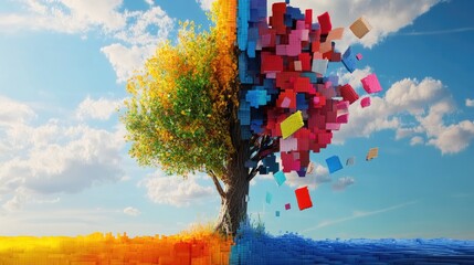 Aufkleber - Color block contrast behind pixelated tree art, one side bright, one dark