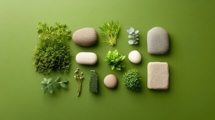 Poster - Earthy-toned stones and fresh plants set in symmetrical arrangement on green backdrop