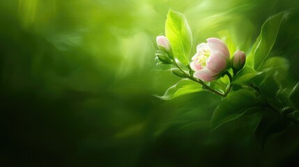 Poster - Gentle pink buds blooming on green foliage with ethereal green-white blur
