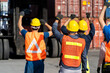 © NVB Stocker - Strike of workers in container yard. Group of multiethnic engineer people during a protest in workplace