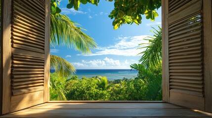 Poster - Interior framing tropical paradise through open wooden window shutters