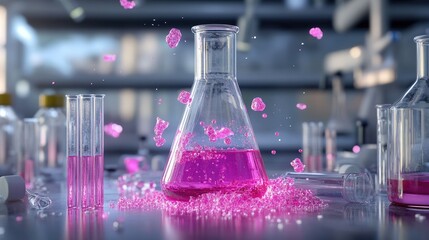 Poster - Scientific lab scene with glowing pink liquids in test tubes, blurred background
