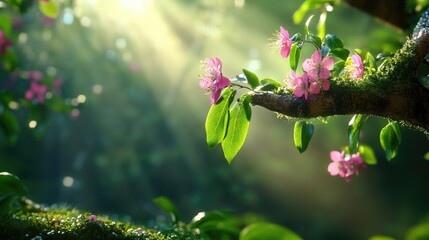 Poster - Spring-themed image with pink blossoms emerging from leafy branch and soft background