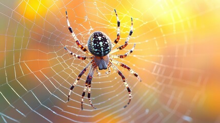 A spider sits in the center of a spider web