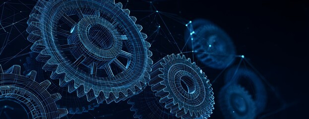 Abstract gear wheels in dark background. Cogs and gear wheel mechanisms concept. Mechanical technology machine engineering wireframe. low polygonal blue mesh with dots, lines, and shapes. vector 3d