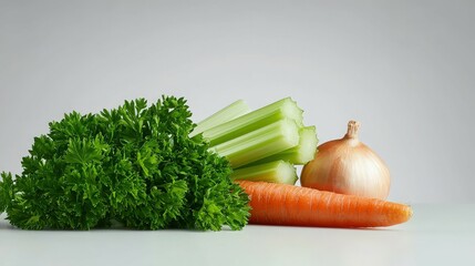 Fototapete - Fresh Parsley, Celery, Carrot, and Onion on White Background