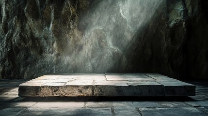 Poster - Ancient Stone Platform Dramatic Cave Background Mystical Dark Grey Rough Texture Product Display Mysterious Shadow Light Rays Medieval Fantasy Setting