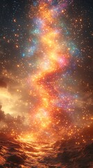 Wall Mural - A vibrant cosmic vortex of luminous energy over a fiery landscape.