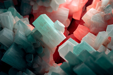 Poster - Close-up of teal and coral crystal cluster texture, showcasing a rough, layered appearance, symbolizing natural beauty and geological formations, ideal for abstract or nature concepts