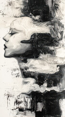 Poster - Ethereal Female Silhouette in Black and White Abstract Art Print, Minimalist Vertical Painting Capturing Serenity in Brushstrokes, Modern Home Decor, Artistic Expression of Calm and Contemplation