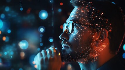 Aufkleber - A business owner integrates AI solutions his thoughtful face showing strategy and forward-thinking