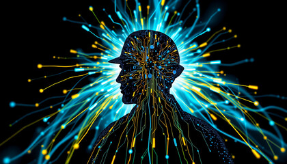 Poster - engineer silhouette blends with digital circuits and vibrant colors, symbolizing innovation