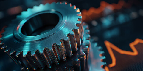 Poster - Close-up of metallic gears, teal and silver tones, showcasing intricate detail. Symbolizes precision, mechanism, and industrial strength, ideal for technology or engineering concepts