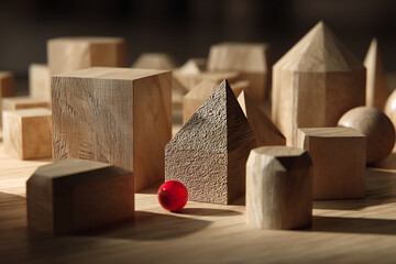 Aufkleber - Wooden geometric shapes and red sphere on wood surface, showcasing simple elegance and minimalist design, ideal for product display or abstract art concept