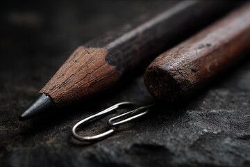 Poster - Close-up of two worn pencils and paperclip on dark surface, showcasing texture and age, suggesting concepts of art, creativity, and time