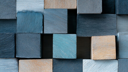 Poster - Abstract background of wooden blocks in shades of gray and blue for modern design projects