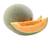 Cantaloupe melon and a vibrant slice showcase natural sweetness against a pristine white background