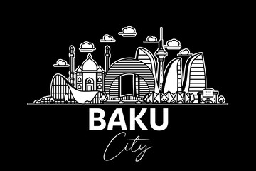 Wall Mural - Baku, Azerbaijan architecture line skyline illustration with shadows. Linear vector cityscape with famous landmarks, city sights, design icons.