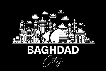 Wall Mural - Baghdad, Iraq architecture line skyline illustration with shadows. Linear vector cityscape with famous landmarks, city sights, design icons.
