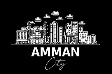 Wall Mural - Amman, Jordan architecture line skyline illustration with shadows. Linear vector cityscape with famous landmarks, city sights, design icons.