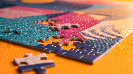 Poster - Close-up of colorful jigsaw puzzle pieces on orange surface, some missing, symbolizing problem-solving, teamwork, or completion