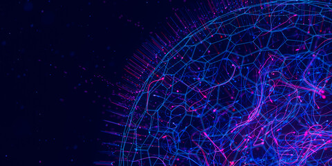 Poster - Abstract closeup macro of quantum computing qubit spherical cell. Subatomic patterns of cyber AI intelligence. Futuristic technology concept. With place for text.