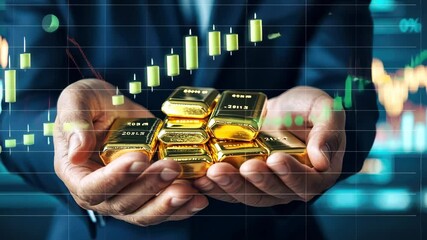 Poster - Businessman presents gold bars with dynamic financial market background