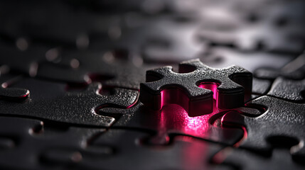 Poster - Close-up of a black puzzle piece fitting into place, glowing pink underneath, symbolizing solution, connection, and completion.  Perfect for business concepts