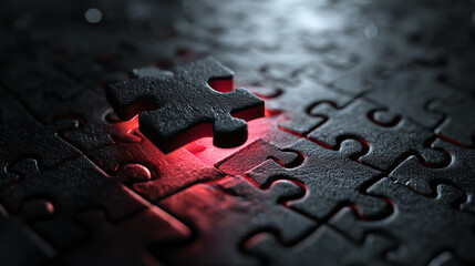 Poster - Close-up of black puzzle piece, textured surface, fitting into almost complete jigsaw, red light underneath, symbolizing solution, completion, problem-solving